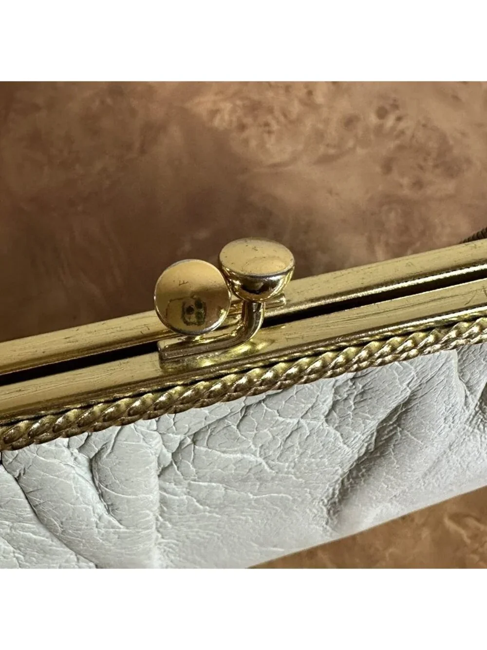 Vintage Etra Off-White Leather Clutch Purse Gold Kiss Lock Evening Bag MCM